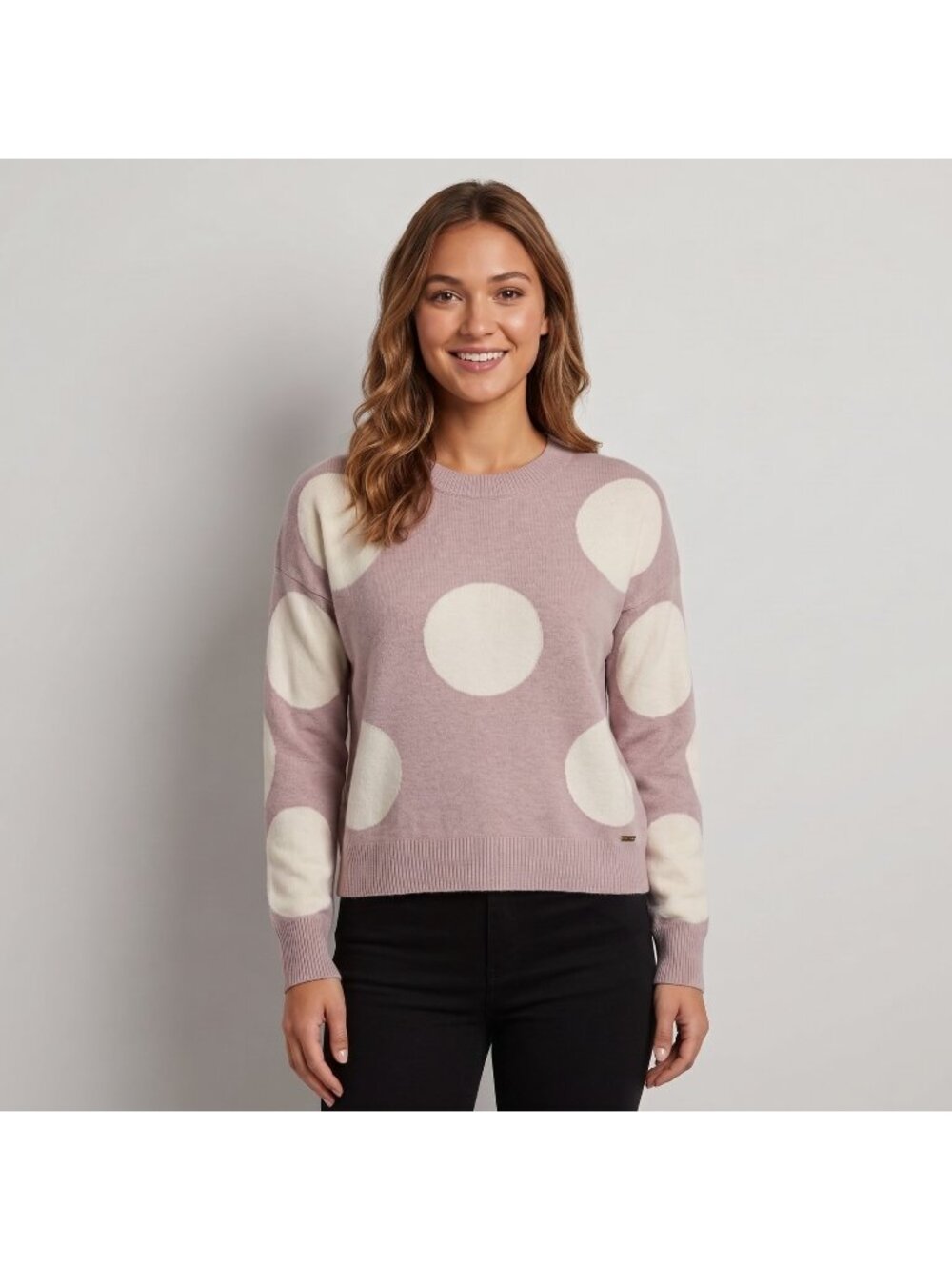 T Tahari Women's Long Sleeve Crewneck Pullover Blush with Polka Dots in size XXS